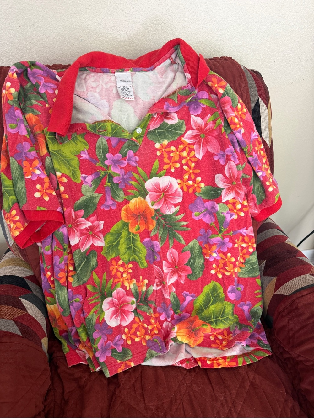 Roaman's Bright Red Floral Polo with Tropical Leaves